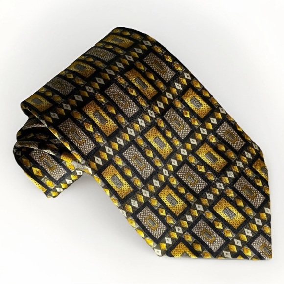 Vintage Vogue Italian Silk Tie Made In Canada Abstract Gold Geometric Diamond - Picture 1 of 6
